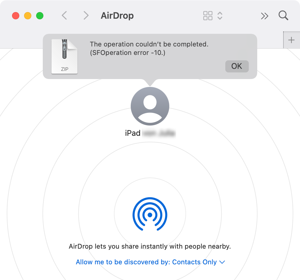 Screen shot of Mac with Airdrop, showing above error message